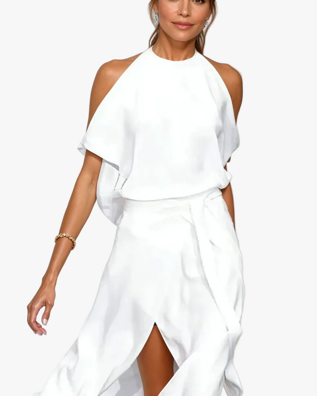Marcelline | Elegant Halter Midi Dress – Draped Cold Shoulder