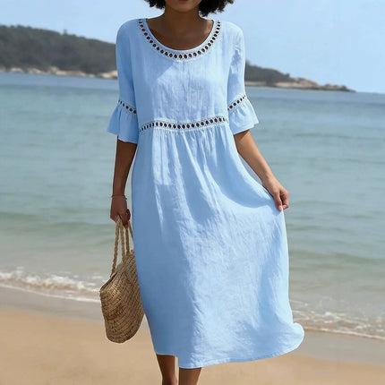 Marielle | Relaxed Linen Midi Dress – Hollow Detail Flared Sleeve Style
