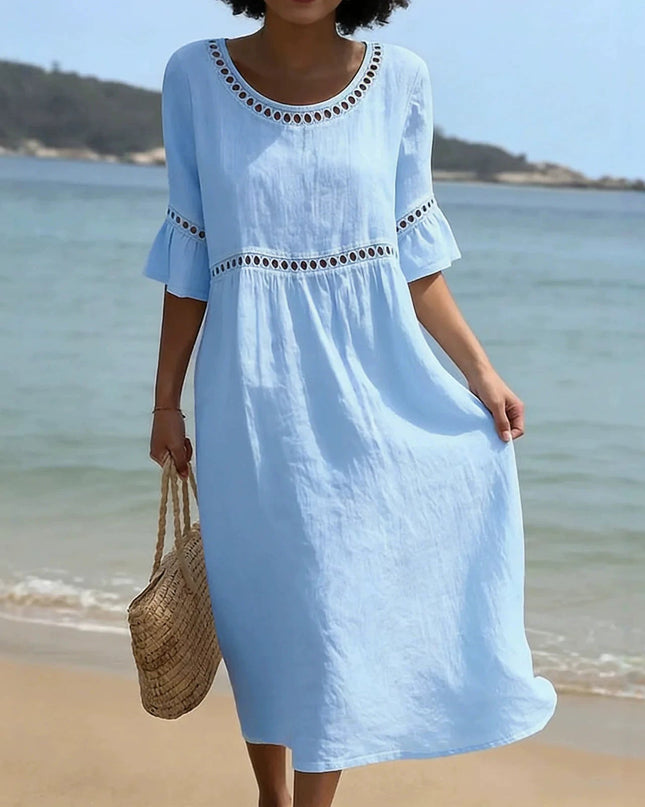 Marielle | Relaxed Linen Midi Dress – Hollow Detail Flared Sleeve Style
