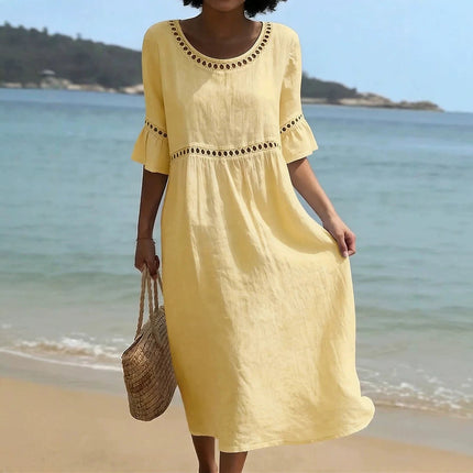 Marielle | Relaxed Linen Midi Dress – Hollow Detail Flared Sleeve Style