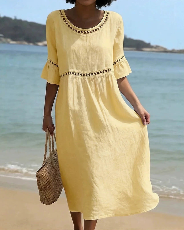 Marielle | Relaxed Linen Midi Dress – Hollow Detail Flared Sleeve Style