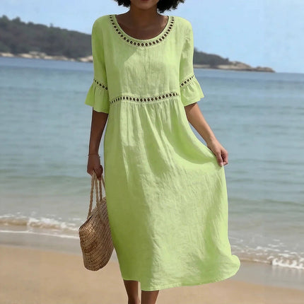 Marielle | Relaxed Linen Midi Dress – Hollow Detail Flared Sleeve Style