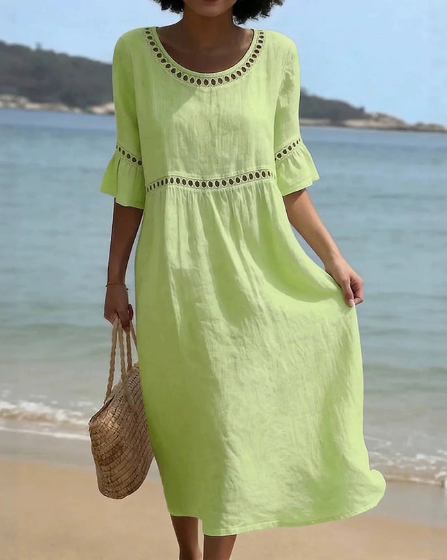 Marielle | Relaxed Linen Midi Dress – Hollow Detail Flared Sleeve Style
