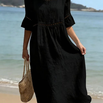 Marielle | Relaxed Linen Midi Dress – Hollow Detail Flared Sleeve Style