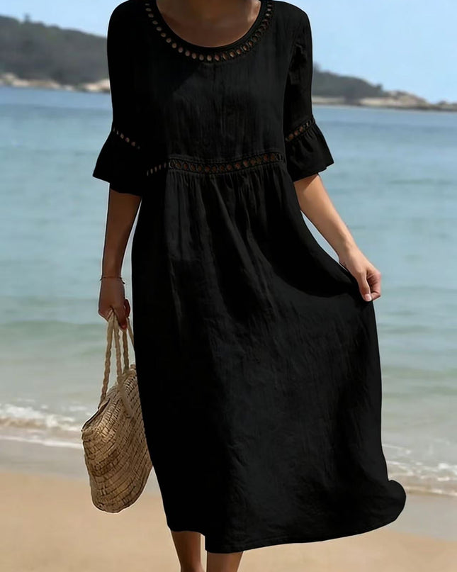 Marielle | Relaxed Linen Midi Dress – Hollow Detail Flared Sleeve Style