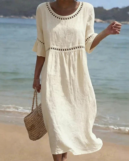 Marielle | Relaxed Linen Midi Dress – Hollow Detail Flared Sleeve Style