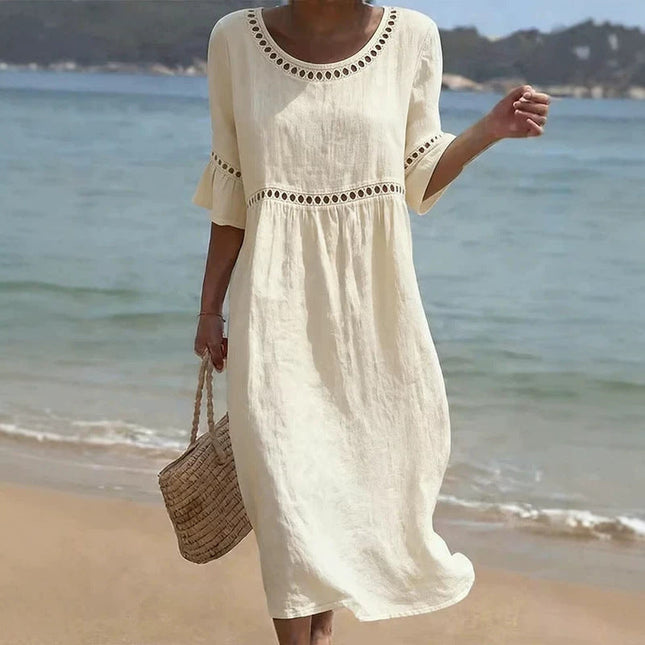 Marielle | Relaxed Linen Midi Dress – Hollow Detail Flared Sleeve Style
