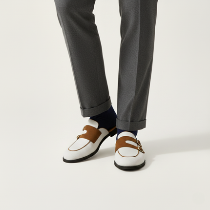 Men’s Backless Loafers with Double Buckle Strap and Apron Toe