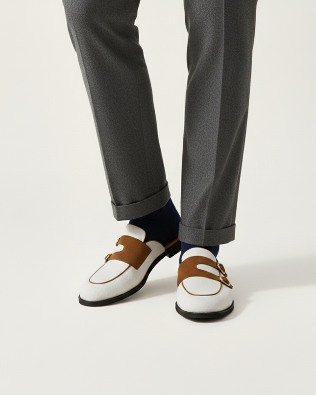 Men’s Backless Loafers with Double Buckle Strap and Apron Toe