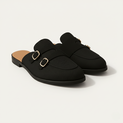 Men’s Backless Loafers with Double Buckle Strap and Apron Toe