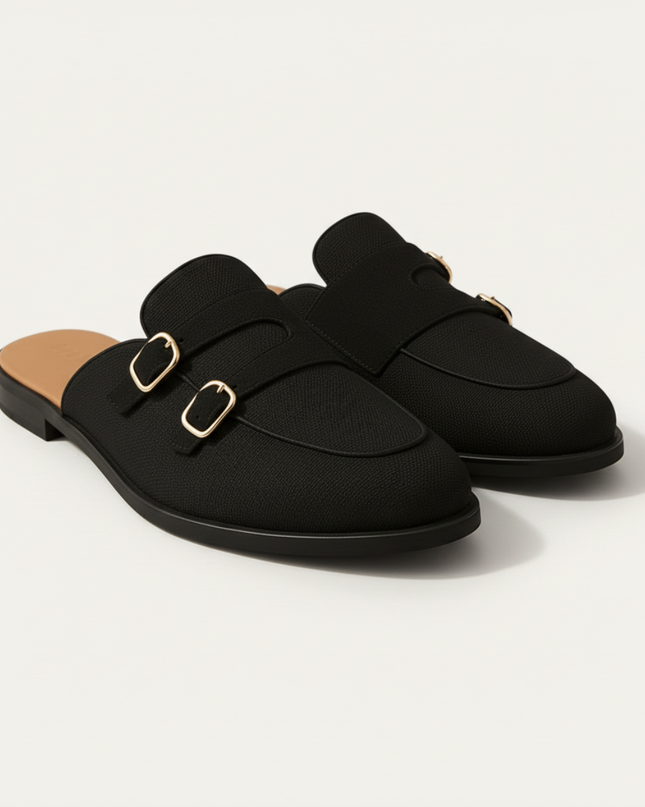 Men’s Backless Loafers with Double Buckle Strap and Apron Toe