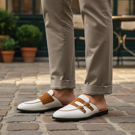 Men’s Backless Loafers with Double Buckle Strap and Apron Toe