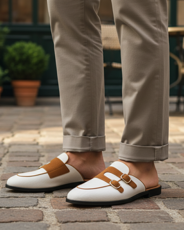 Men’s Backless Loafers with Double Buckle Strap and Apron Toe