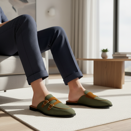 Men’s Backless Loafers with Double Buckle Strap and Apron Toe