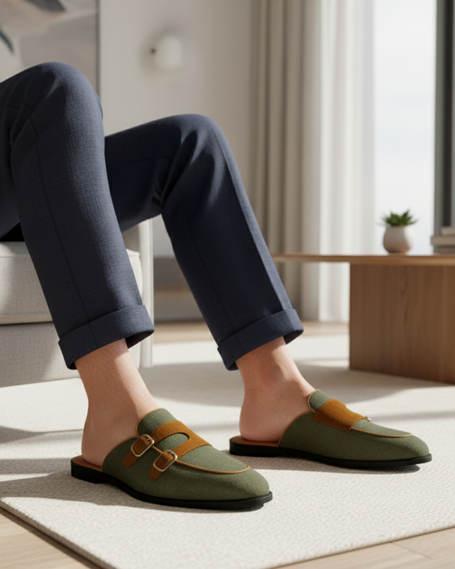 Men’s Backless Loafers with Double Buckle Strap and Apron Toe