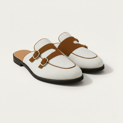 Men’s Backless Loafers with Double Buckle Strap and Apron Toe