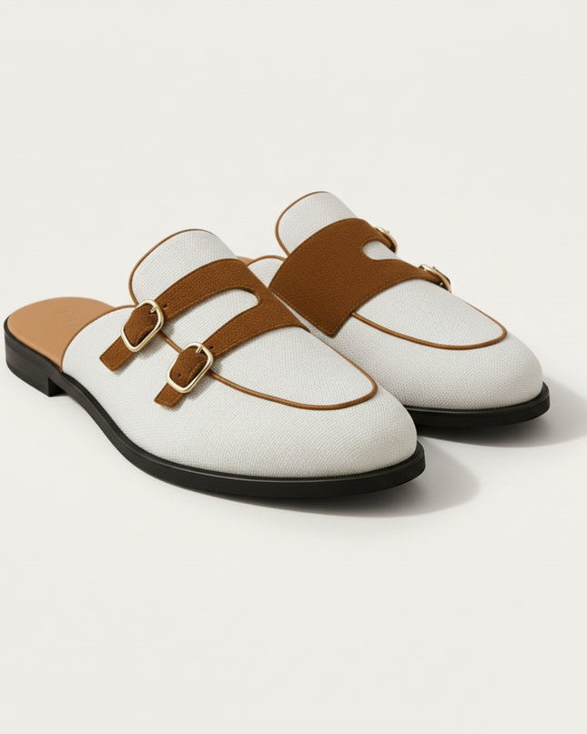 Men’s Backless Loafers with Double Buckle Strap and Apron Toe