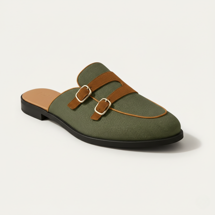 Men’s Backless Loafers with Double Buckle Strap and Apron Toe