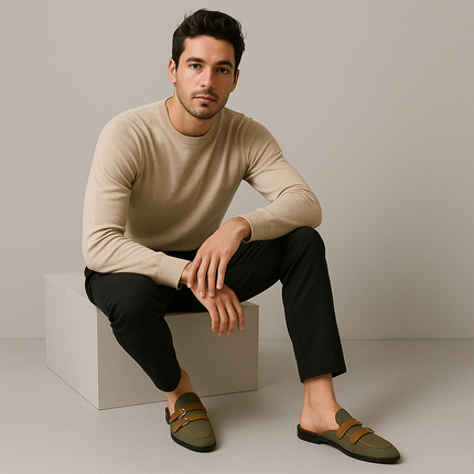 Men’s Backless Loafers with Double Buckle Strap and Apron Toe