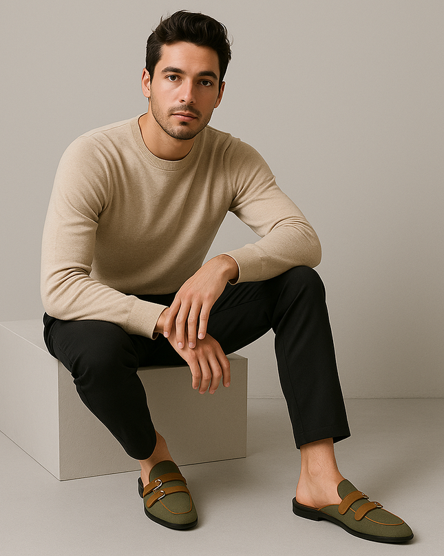 Men’s Backless Loafers with Double Buckle Strap and Apron Toe