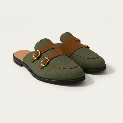 Men’s Backless Loafers with Double Buckle Strap and Apron Toe