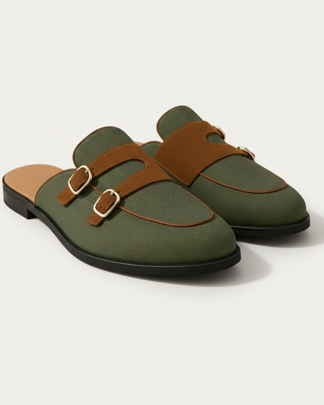 Men’s Backless Loafers with Double Buckle Strap and Apron Toe