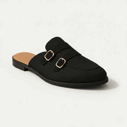Men’s Backless Loafers with Double Buckle Strap and Apron Toe