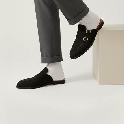 Men’s Backless Loafers with Double Buckle Strap and Apron Toe