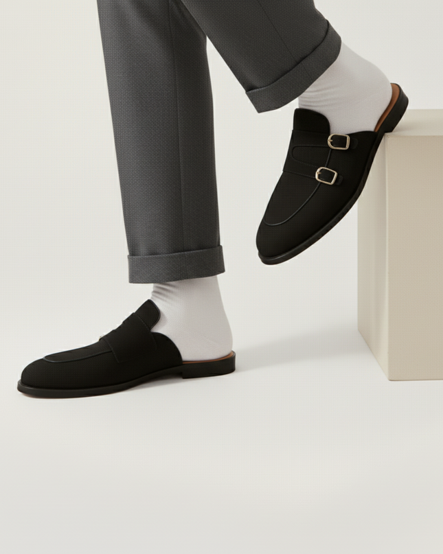 Men’s Backless Loafers with Double Buckle Strap and Apron Toe