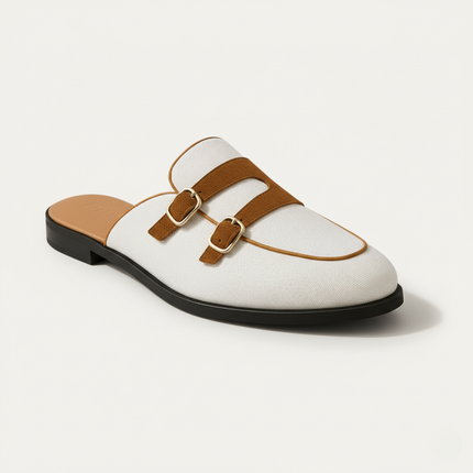 Men’s Backless Loafers with Double Buckle Strap and Apron Toe