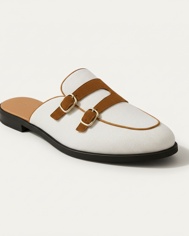 Men’s Backless Loafers with Double Buckle Strap and Apron Toe