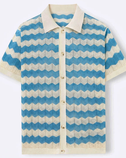 Men’s Knit Shirt – Short Sleeve Button-Up with Stripe Pattern