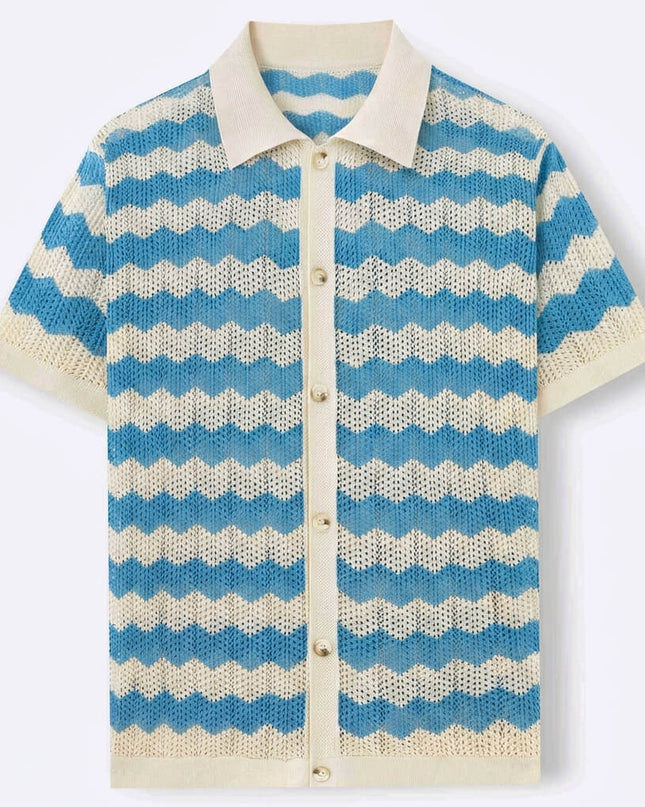 Men’s Knit Shirt – Short Sleeve Button-Up with Stripe Pattern