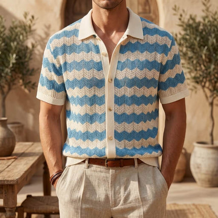 Men’s Knit Shirt – Short Sleeve Button-Up with Stripe Pattern
