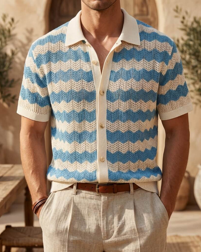 Men’s Knit Shirt – Short Sleeve Button-Up with Stripe Pattern