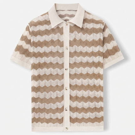 Men’s Knit Shirt – Short Sleeve Button-Up with Stripe Pattern