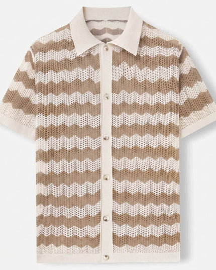 Men’s Knit Shirt – Short Sleeve Button-Up with Stripe Pattern