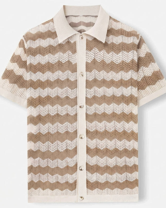 Men’s Knit Shirt – Short Sleeve Button-Up with Stripe Pattern