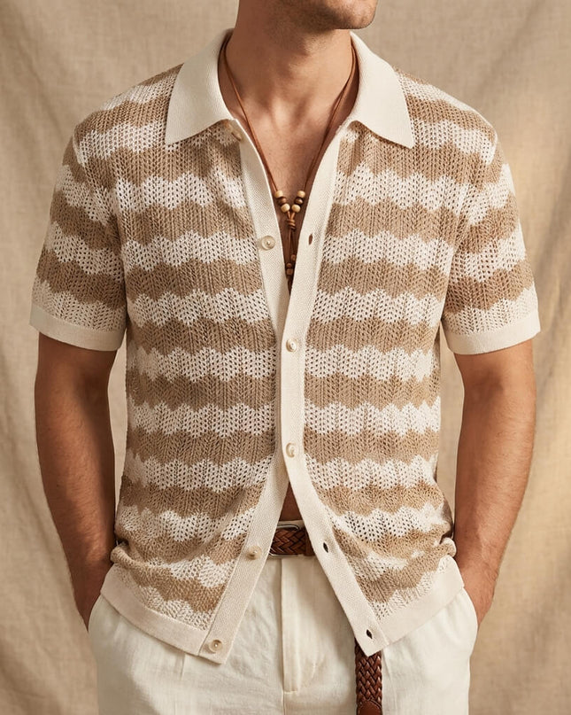 Men’s Knit Shirt – Short Sleeve Button-Up with Stripe Pattern