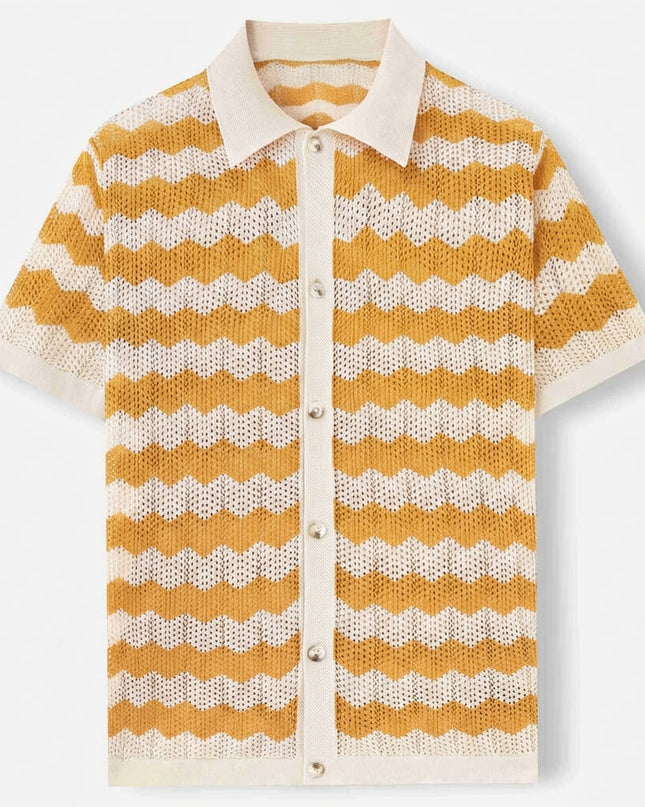 Men’s Knit Shirt – Short Sleeve Button-Up with Stripe Pattern