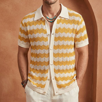 Men’s Knit Shirt – Short Sleeve Button-Up with Stripe Pattern