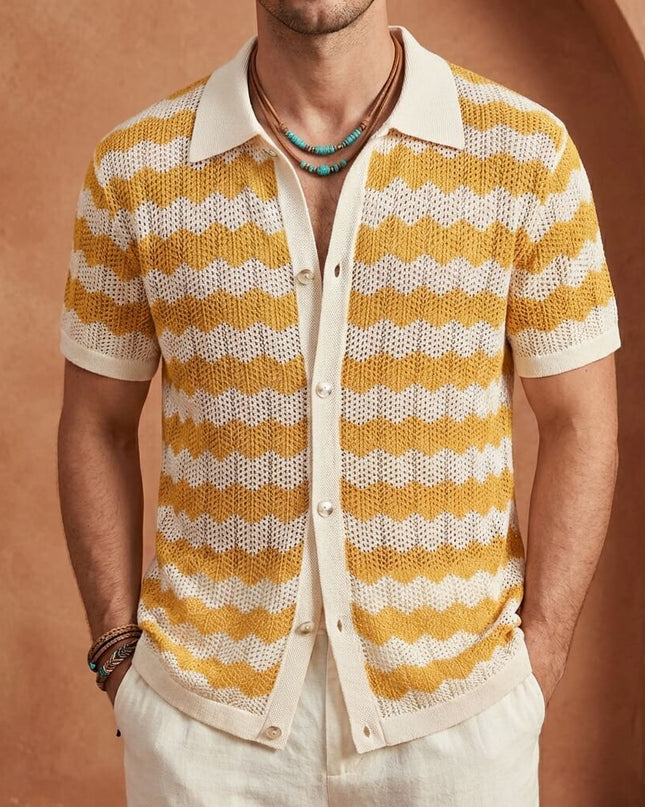 Men’s Knit Shirt – Short Sleeve Button-Up with Stripe Pattern