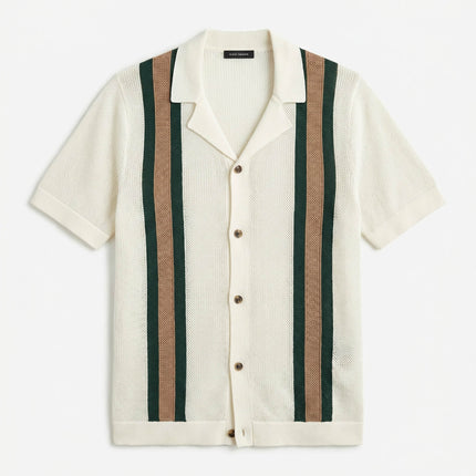 Men’s Knit Shirt – Short Sleeve Button-Up with Vertical Stripes