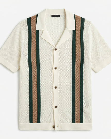 Men’s Knit Shirt – Short Sleeve Button-Up with Vertical Stripes