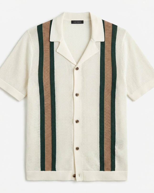 Men’s Knit Shirt – Short Sleeve Button-Up with Vertical Stripes