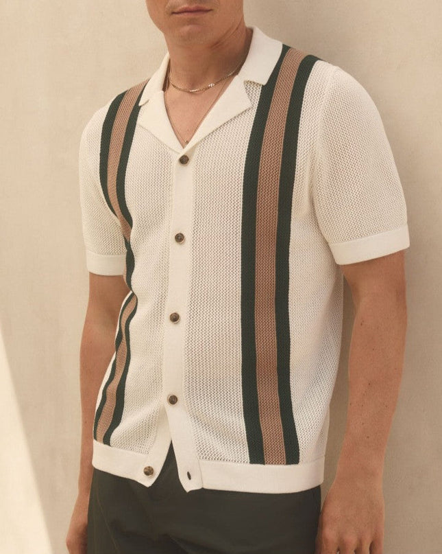 Men’s Knit Shirt – Short Sleeve Button-Up with Vertical Stripes