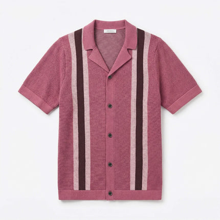 Men’s Knit Shirt – Short Sleeve Button-Up with Vertical Stripes