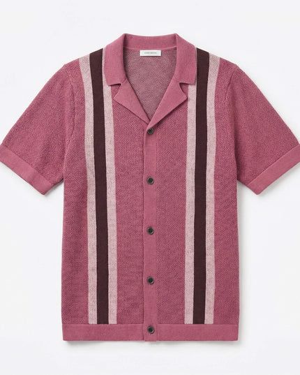 Men’s Knit Shirt – Short Sleeve Button-Up with Vertical Stripes