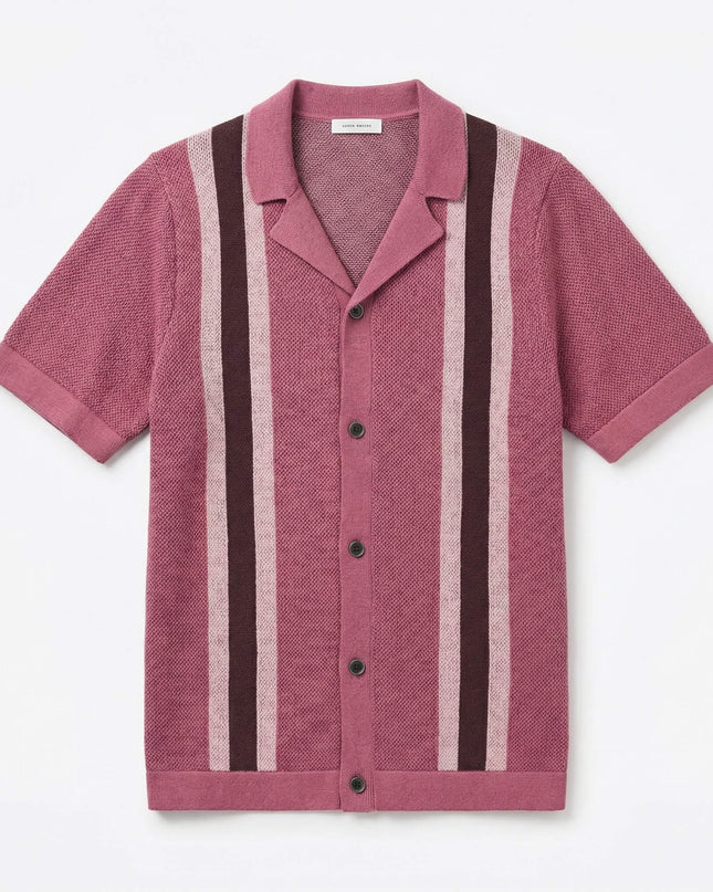 Men’s Knit Shirt – Short Sleeve Button-Up with Vertical Stripes