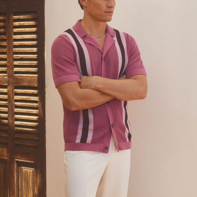 Men’s Knit Shirt – Short Sleeve Button-Up with Vertical Stripes